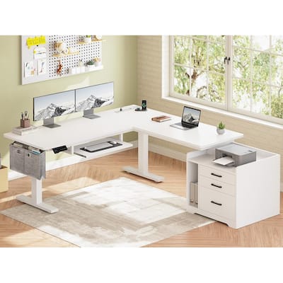 L Shaped Electric Standing Desk with File Cabinet Height Adjustable 63 x 53''