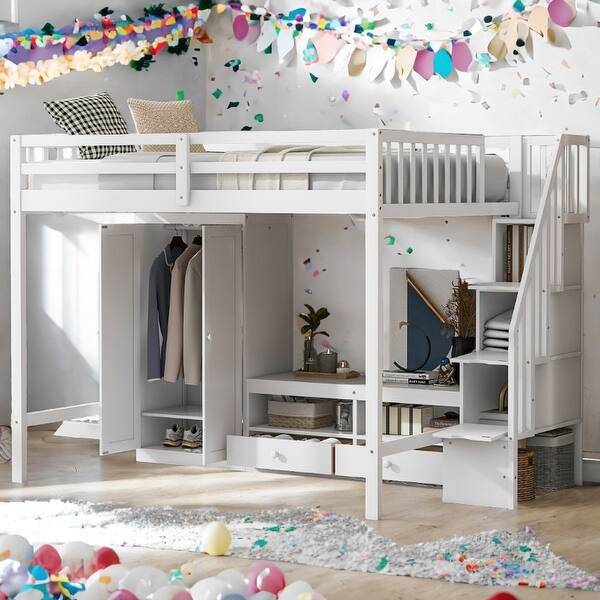 slide 2 of 32, Multifunctional Loft Bed,Full Size Loft Bed with Wardrobe,Low Storage Table and Storage Staircase,White/Gray White