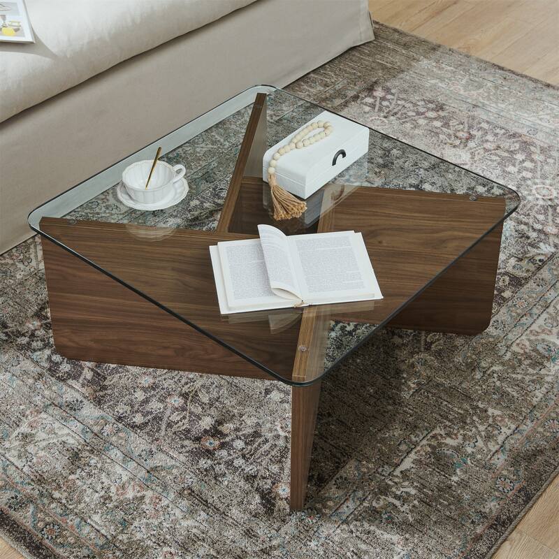 31.5" MDF Coffee Table with Glass Top & MDF Base - Walnut