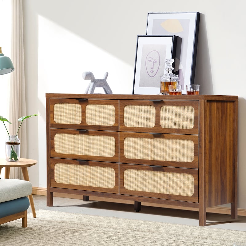 Wooden Rattan Woven 6-Drawer Storage Dresser Cabinet