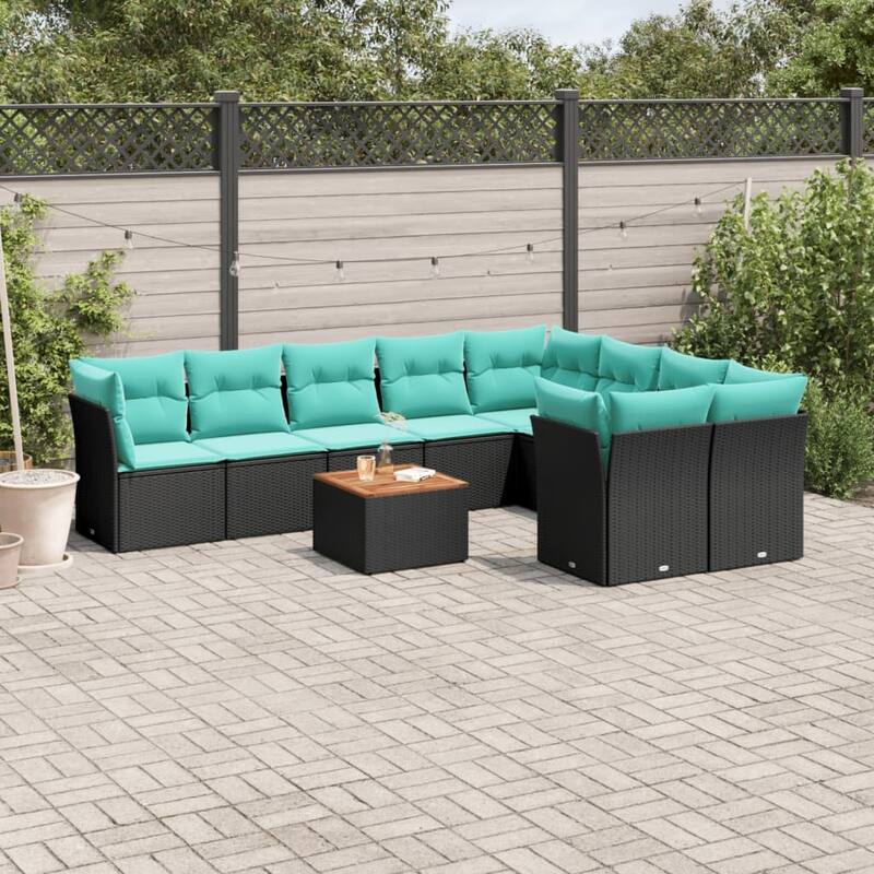 vidaXL 10 Piece Patio Sofa Set with Cushions Black Poly Rattan - 24.4x24.4x27.2 Assembly required: Yes