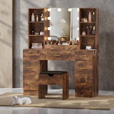 56" Farmhouse Makeup Vanity Set with Lighted Mirror, Charging Station, 7 Drawers