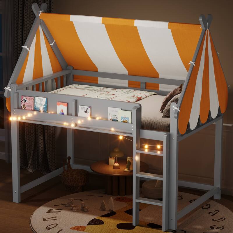 Loft Bed with Bright Yellow White Canopy, House-shaped Bed Frame Design with LED String Lights and Front Display Bookshelf