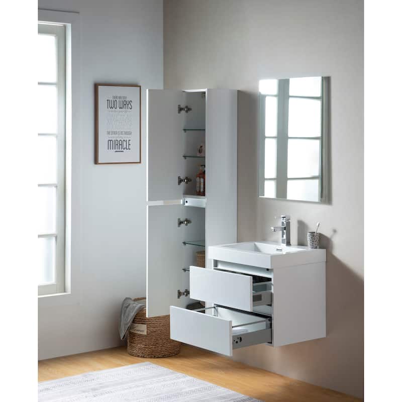 Vanity Art LED Light 24-Inch Single Sink Wall Hung Bathroom Vanity Set White Stone Top Glossy Finish with Sensor Switch