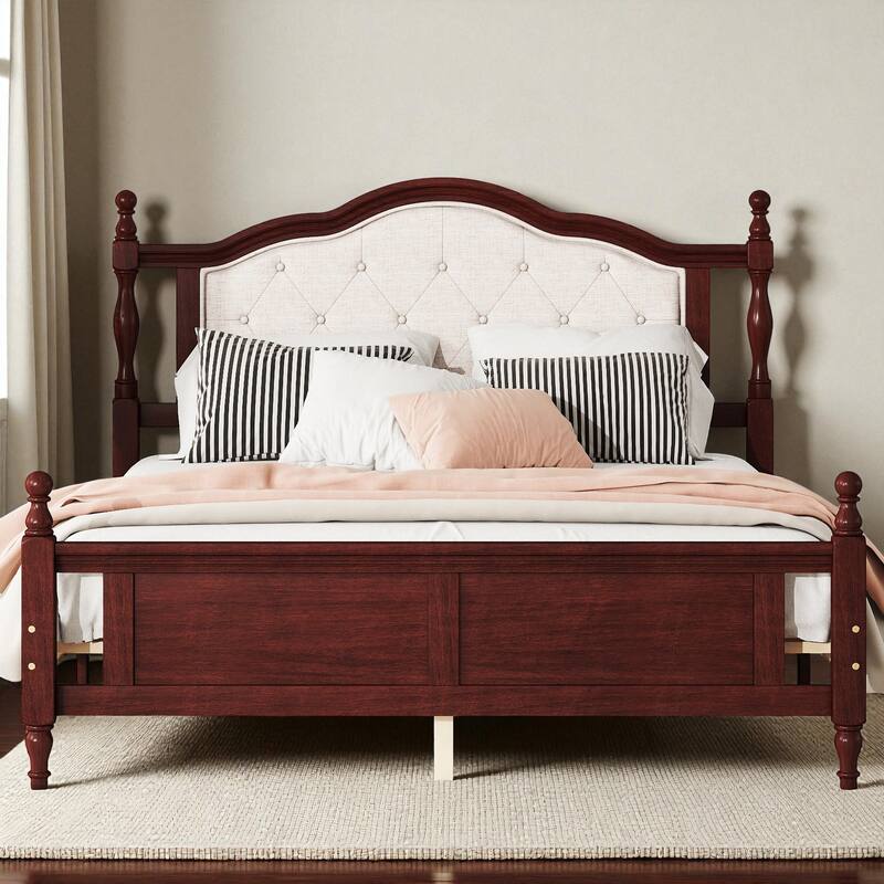 Queen Size Pine Wood Bed with Upholstered Headboard and Panel Footboard, Solid Frame with Central Support and Under-Bed Storage
