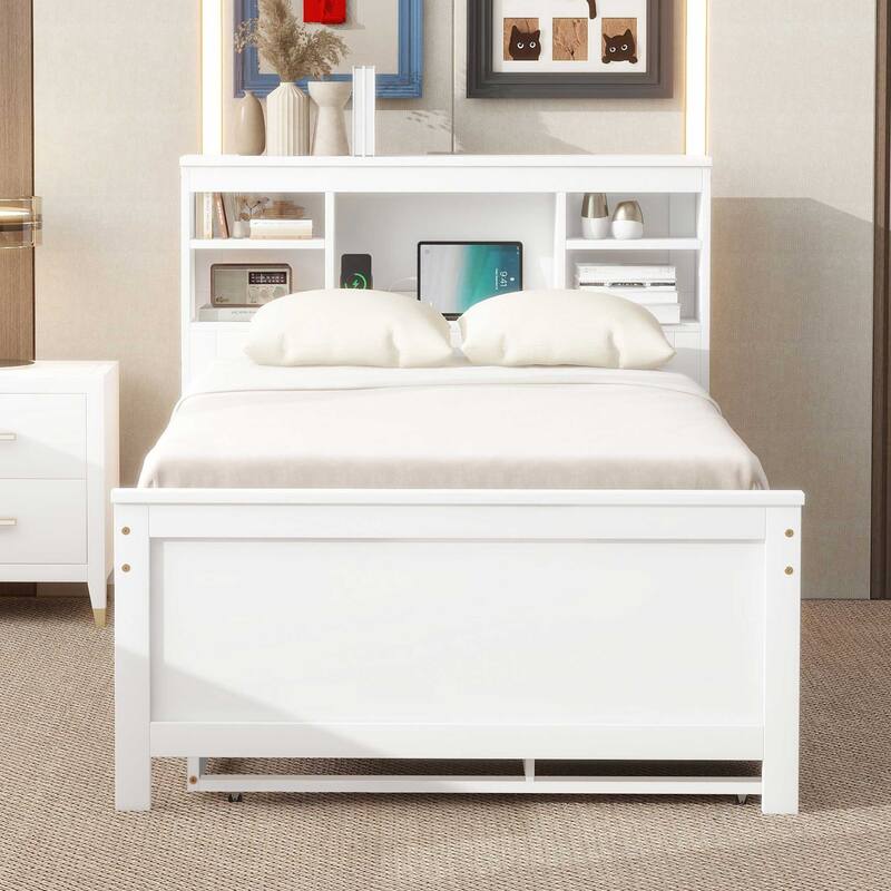 Twin Size Storage Platform Bed with USB, Trundle, and Drawers in White