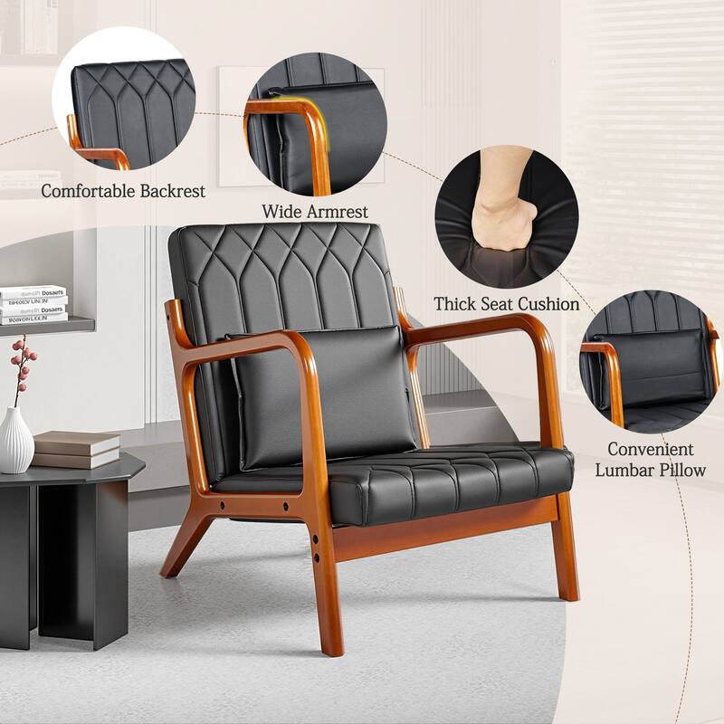 VECELO Mid Century Black PU Leather Accent Chair Lounge Chair with Removable Pillows Wooden Arms 300 lb Capacity for Living Room