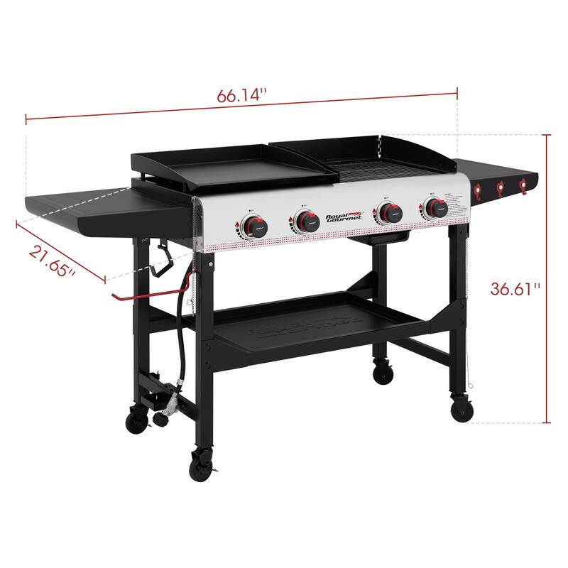 Royal Gourmet 4-Burner Portable Flat Top Gas Grill and Griddle Combo Grill with Folding Legs, Black & Silver
