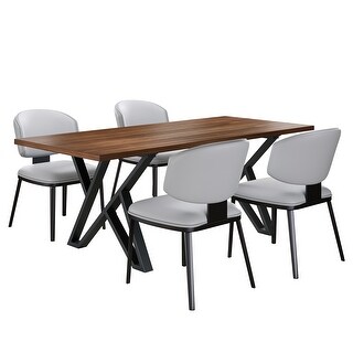 5-Piece Dining Table Set with Double Base ( Table + 4 Leather Chairs ...