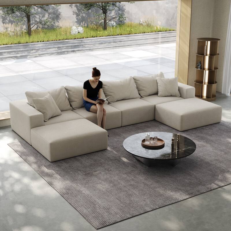 Floor Upholstered Sectional Sofa Modular L Shaped Couch Set with 6 Pillows and Ottomans, Living Room Sleeper Sofa Bed
