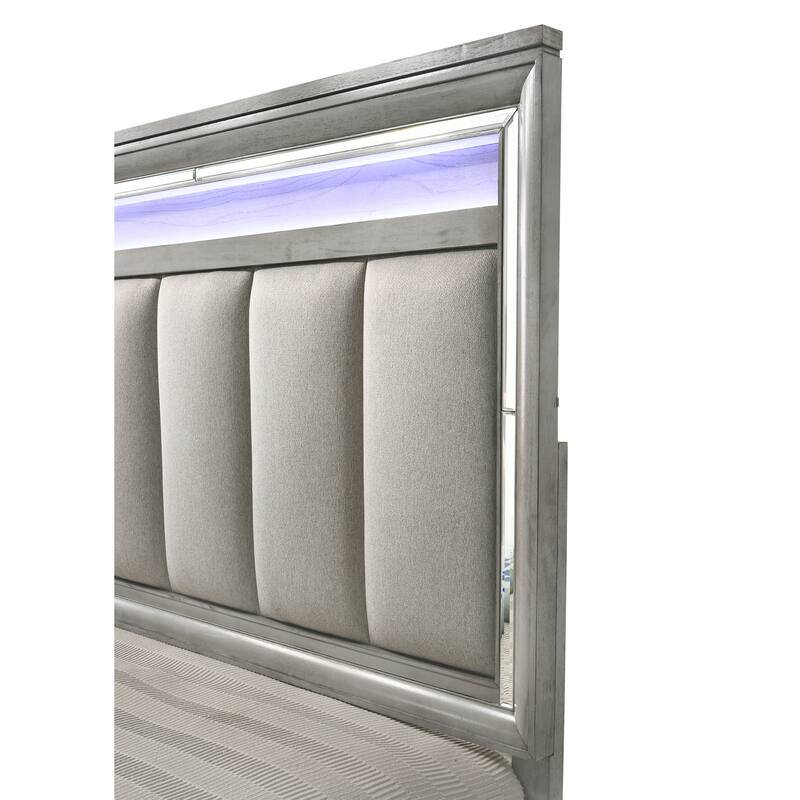 Evonne 5 Piece Gray LED Upholstered Panel Bedroom Set