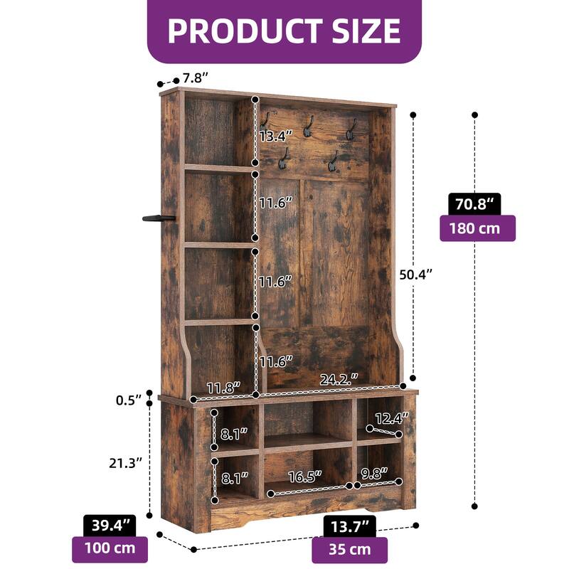 Moasis 39"/59" Farmhouse Hall Tree Bench Shoe Storage Coat Rack for Entryway with Adjustable Shelf