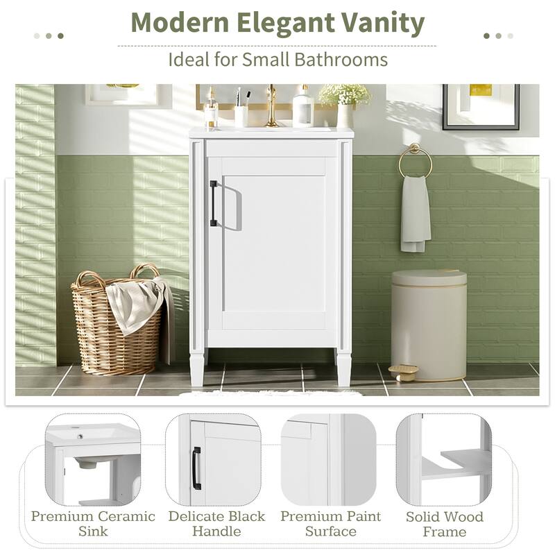 20" Small Bathroom Vanity with Ceramic Sink - Soft-Close Door, Adjustable U-Shaped Shelf, Freestanding Cabinet