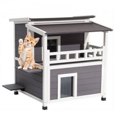 White-Grey Insulated Outdoor Wooden Cat House with Weatherproof and Two-Story Shelter for Multiple Cats