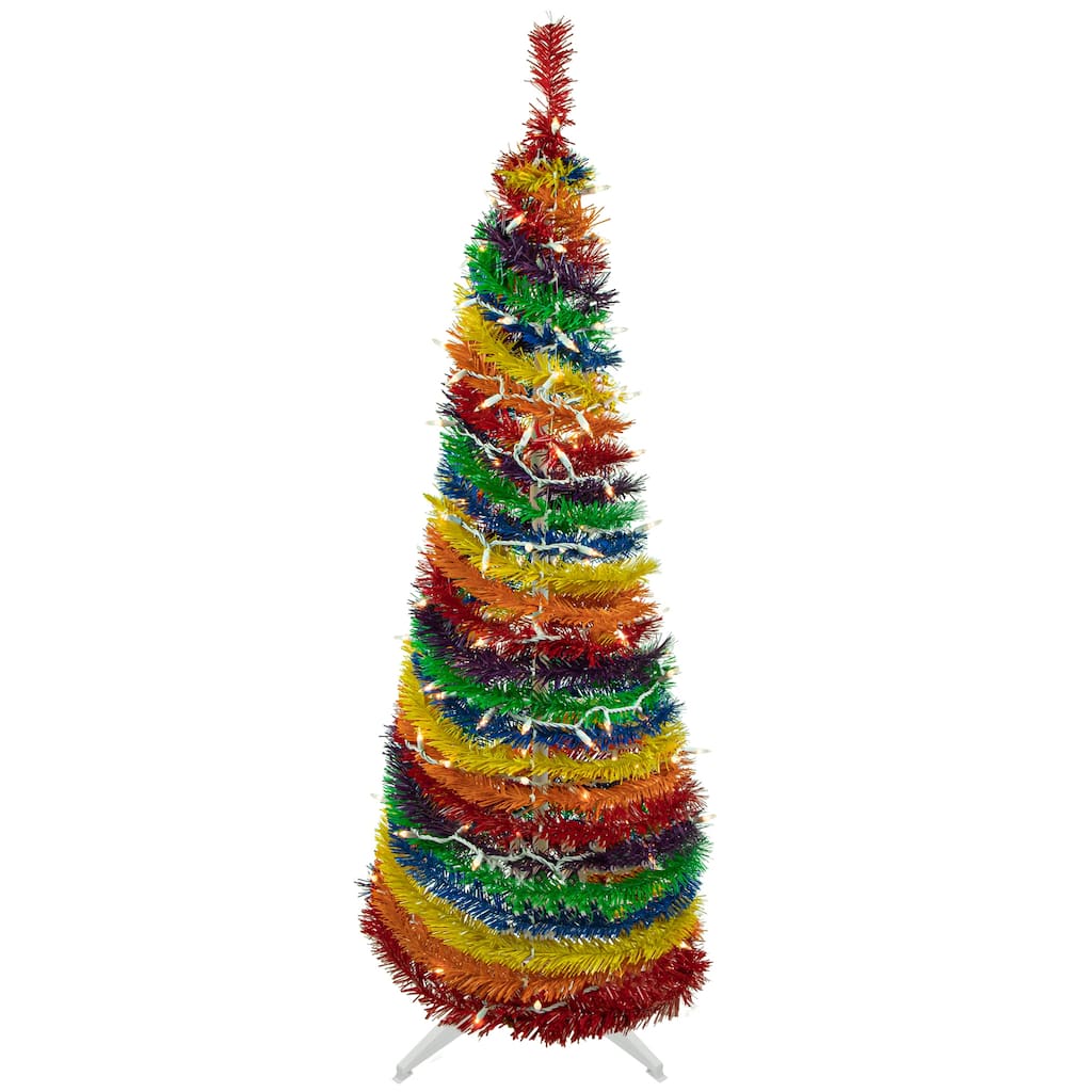 4' Rainbow Tinsel Pop-Up Artificial Christmas Tree, Clear Lights - 4 Foot