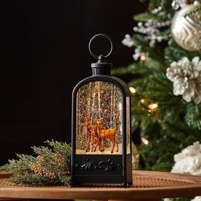 LED Lighted Lantern Snow Globe with Forest Deer - 9.5" - Bronze and Brown