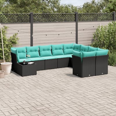 vidaXL 10 Piece Patio Sofa Set with Cushions Black/Brown/Gray Poly Rattan - 21.7 x 24.4 x 27.2