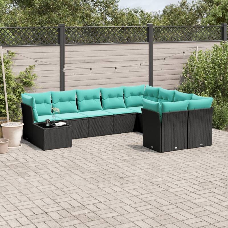vidaXL 10 Piece Patio Sofa Set with Cushions Black Poly Rattan - 24.4x27.2x24.4