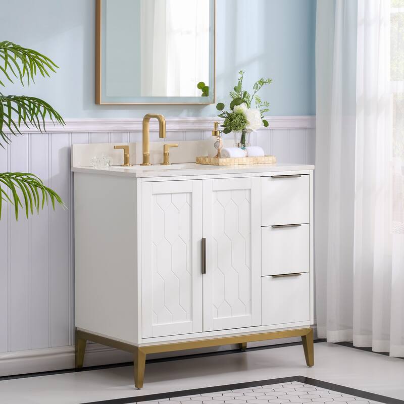 35''H Solid Wood Bath Vanity with Stain-resistant Carrera White Quartz Top and Sink