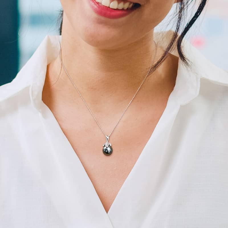 Miadora Black Tahitian Cultured Pearl and Diamond Accent Drop Pendant in 14k White Gold (9-10mm)