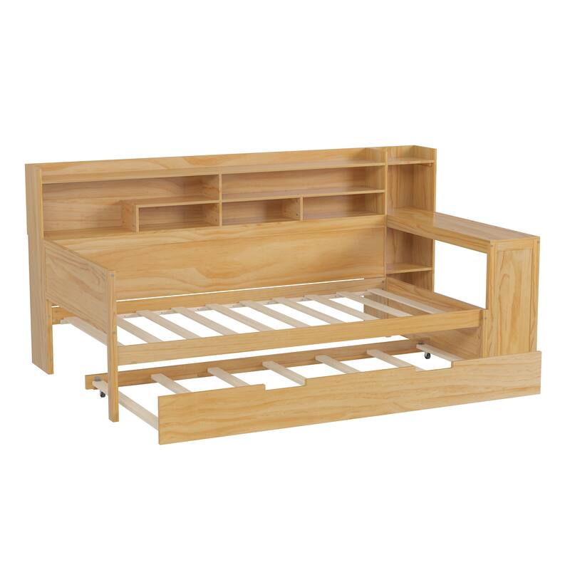 Full Size Daybed with Storage Shelves, Multi-Functional Bed with Twin Trundle and Built-In Study Desk, Space-Saving Design