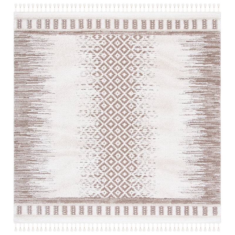 SAFAVIEH Moroccan Tassel Shag Bozhana 0.75-inch Thick Rug - 6'7" Square - Ivory/Beige