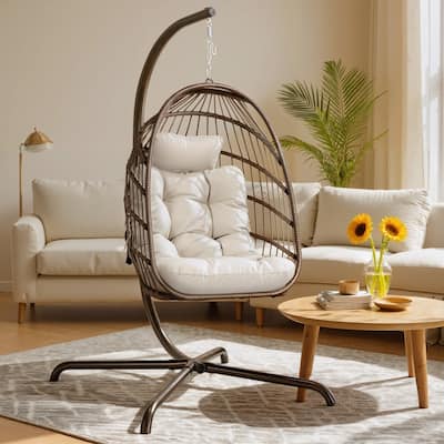 Oversized Hanging Egg Chair with Stand, Indoor Outdoor Swing Chair, 350 lbs Capacity Cozy Rattan Lounge
