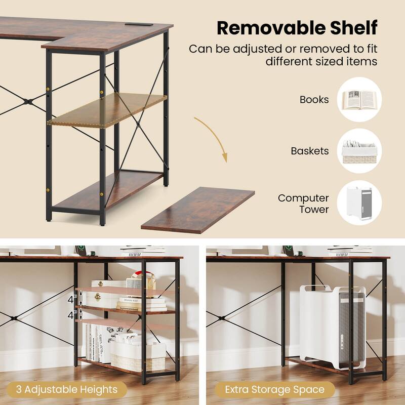 Costway L-Shaped Computer Desk with Power Outlets Adjustable shelf