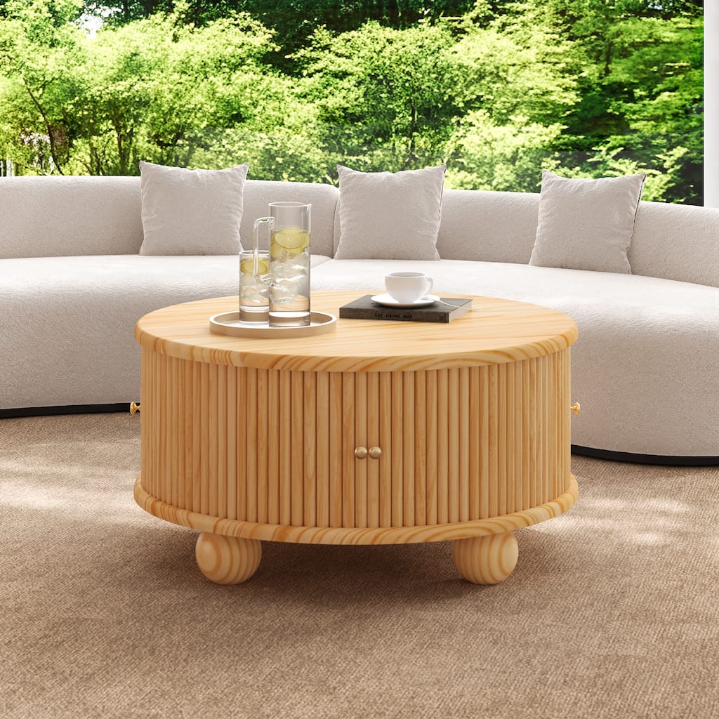Round Fluted Coffee Table Natural End Table with Storage, Rustic Side Table Center Table with Sliding Door