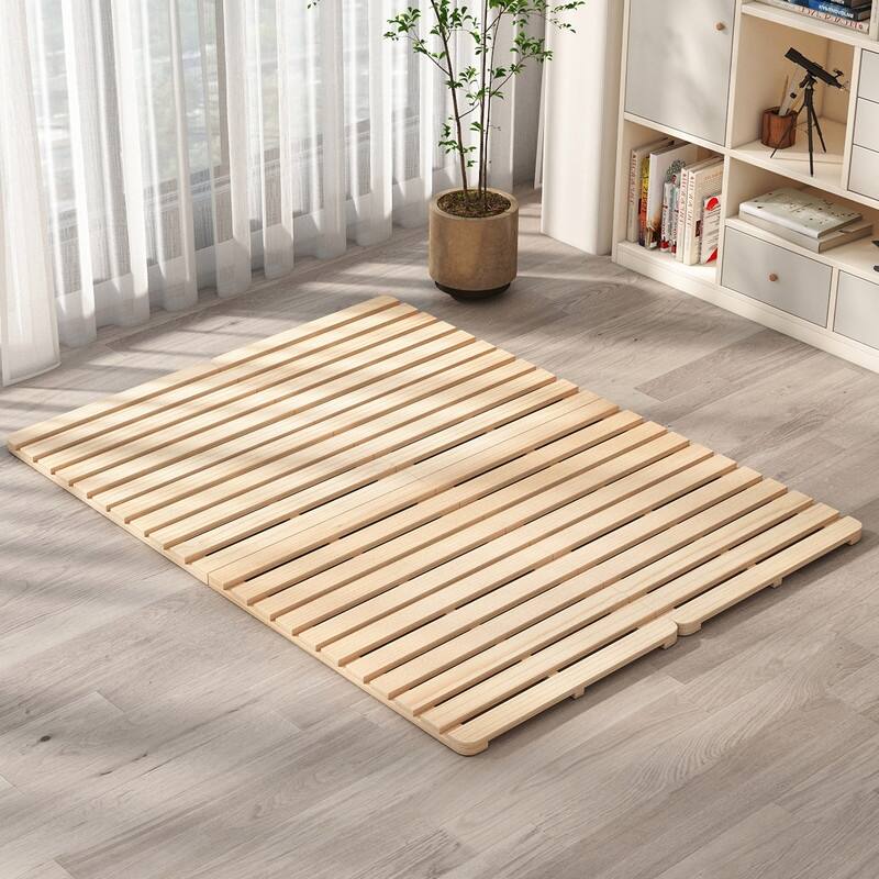 Solid Pine Wood Foldable Slatted Bed, Tatami Mat Floor Sleep Bedding - Queen
