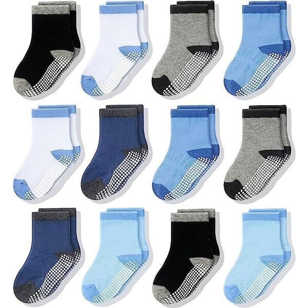 slide 2 of 6, CozyWay Non-Slip Crew Grip Socks Black/White/Blue - 12 pair