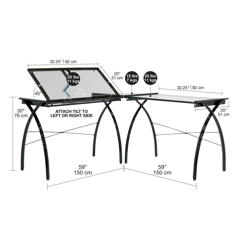 Studio Designs Futura Black Adjustable Glass Top L-shape Drafting Desk