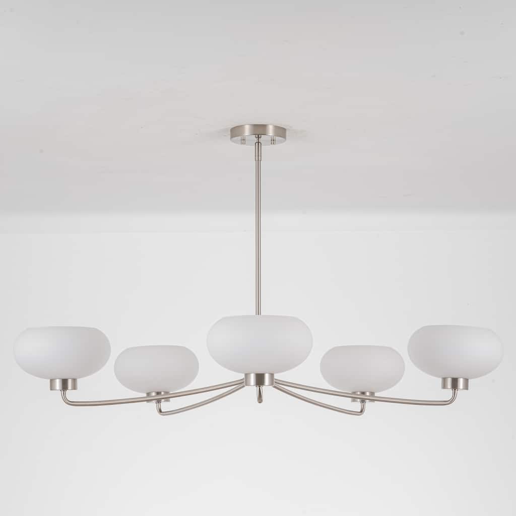 5-Light Satin Nickel Opal Glass Chandelier for Dining Room & Living Room - 43.3 in. W x 7.5 in. H