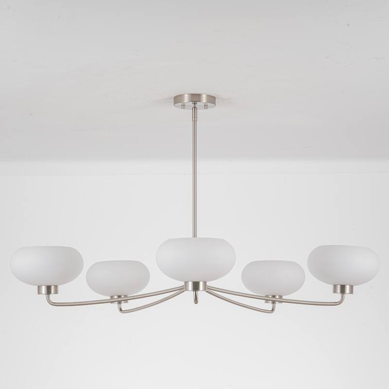 5-Light Satin Nickel Opal Glass Chandelier for Dining Room & Living Room - 43.3 in. W x 7.5 in. H - 43.3 in. W x 7.5 in. H - Silver