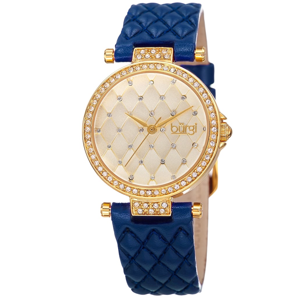 Burgi Women's Swarovski Crystals Quartz Quilted-Design Leather Blue Strap Watch