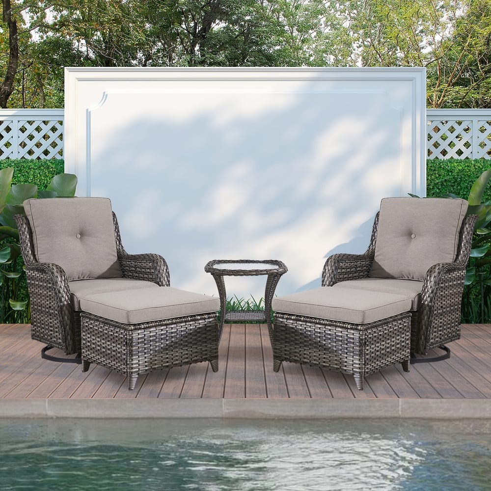 Gymojoy 5-piece Outdoor Wicker Swivel Rocking Chair Table with Ottoman