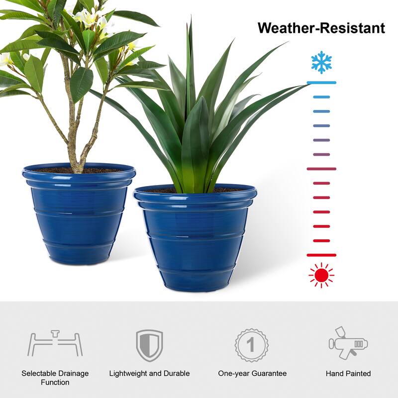 Glitzhome Set of 2 Round Cobalt Blue/Turquoise/Red Faux Ceramic Pot Plastic Planter