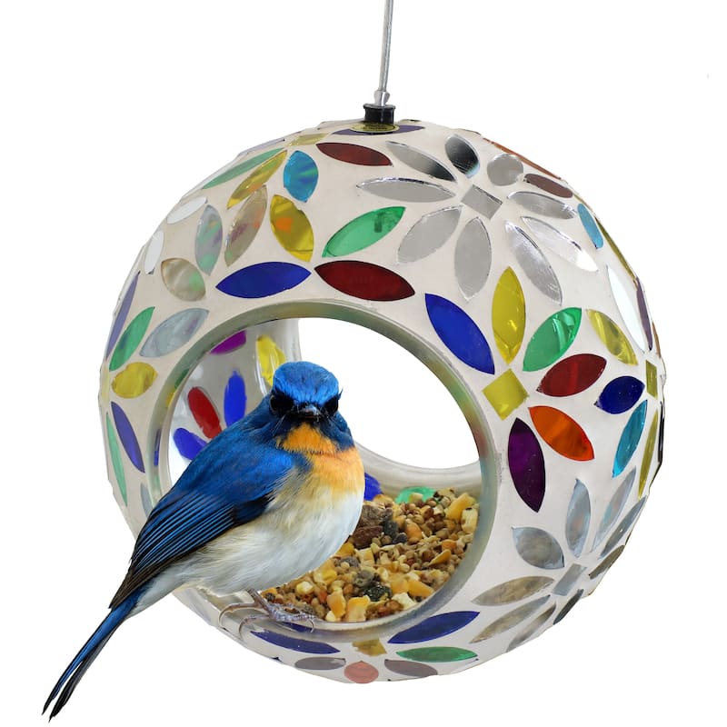 Hanging Bird Feeder Rainbow Daisies Mosaic Fly-Through Design - 6" - White