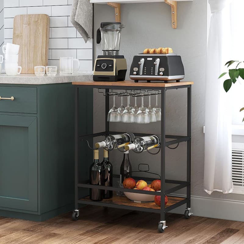Industrial Bar Serving Cart with Casters, Glass Holders, Wine Holders