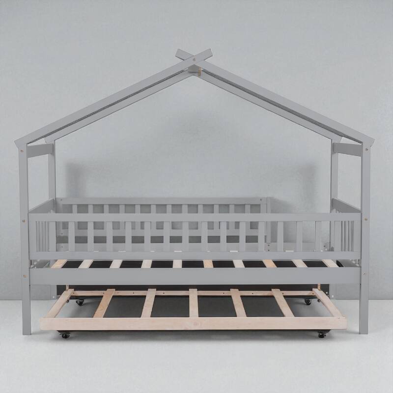 Twin Size Wooden House Bed with Trundle, Roof Design Platform Frame with Headboard for Kids, No Box Spring Needed