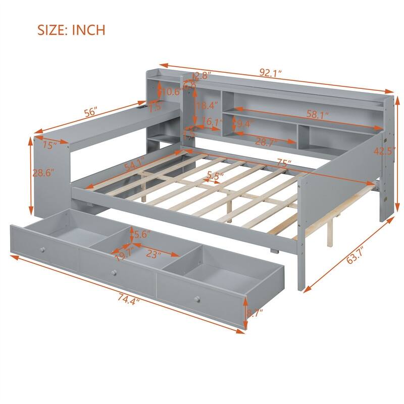 Twin/Full Daybed with 3 Storage Drawers and Bedside Desk, Wooden Day Bedframe Sofa Bed with Storage Shelves and USB Ports