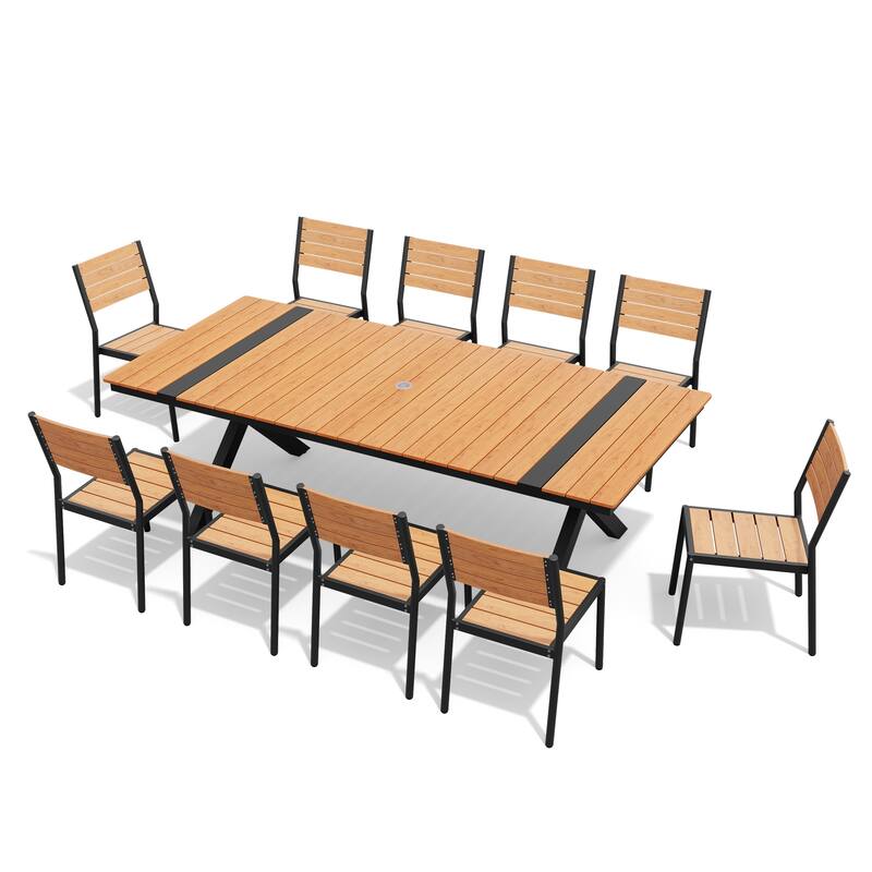 11/13-Piece Outdoor Dining Set Aluminum Dining Table with Umbrella Hole and Stackable Chairs - Set of 11 - Brown