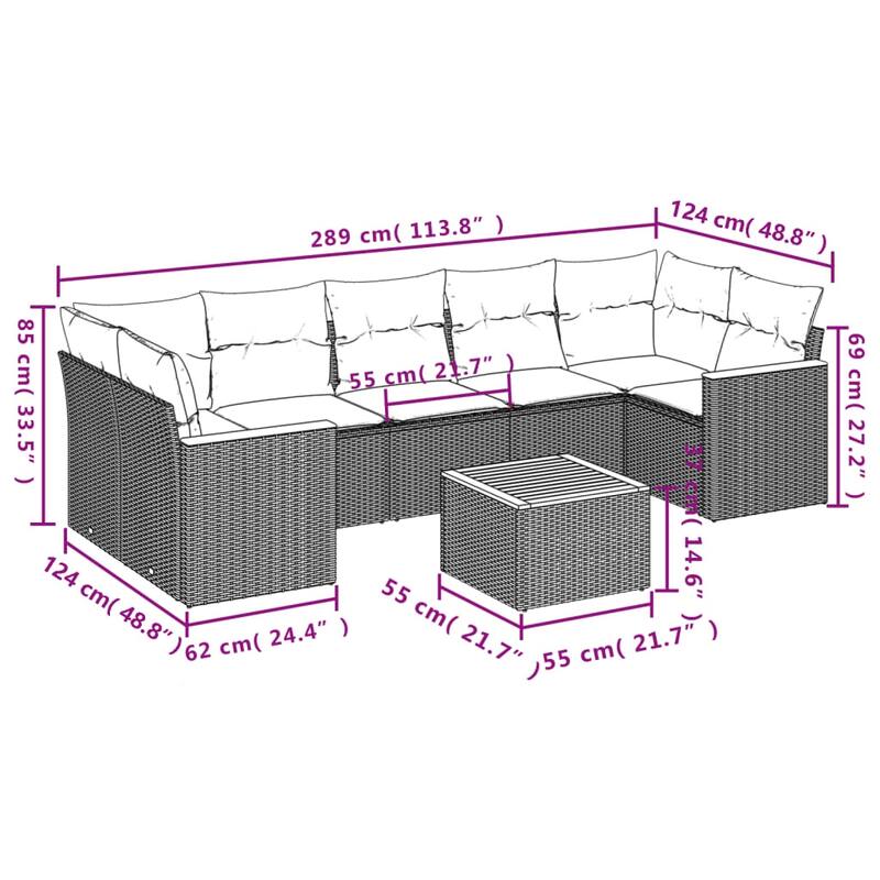 vidaXL 8 Piece Patio Sofa Set with Cushions Black Poly Rattan - 113.8x33.5x112.6