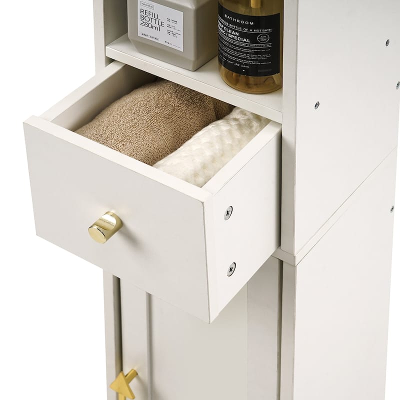 VECELO Tall Bathroom Storage Cabinet, Freestanding Linen Tower with 4-Tier Shelf, 1 Drawer and 1 Cupboards