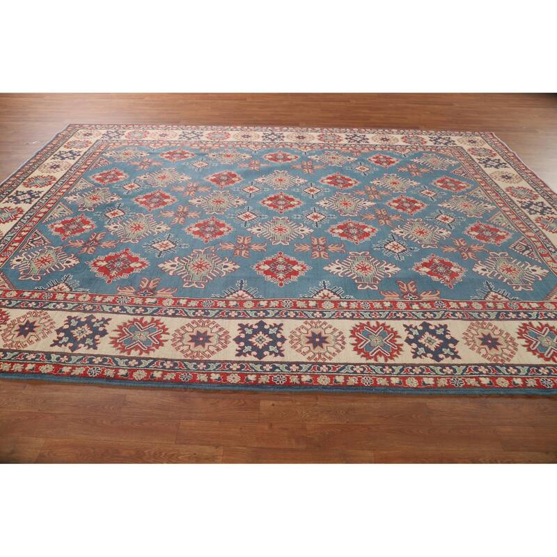 Blue Geometric Kazak Area Rug Handmade Traditional Wool Carpet - 8'2" x 11'6"