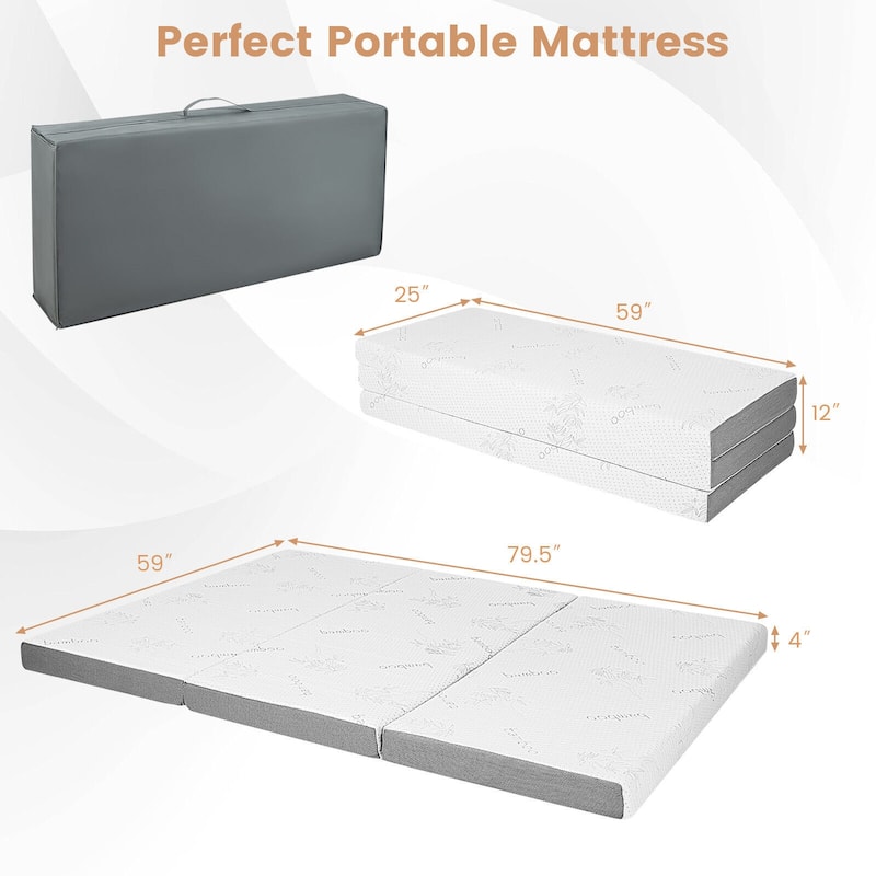 4-Inch White Grey Tri-Fold Design Memory Foam Mattress with Cooling Gel for Home or Travel