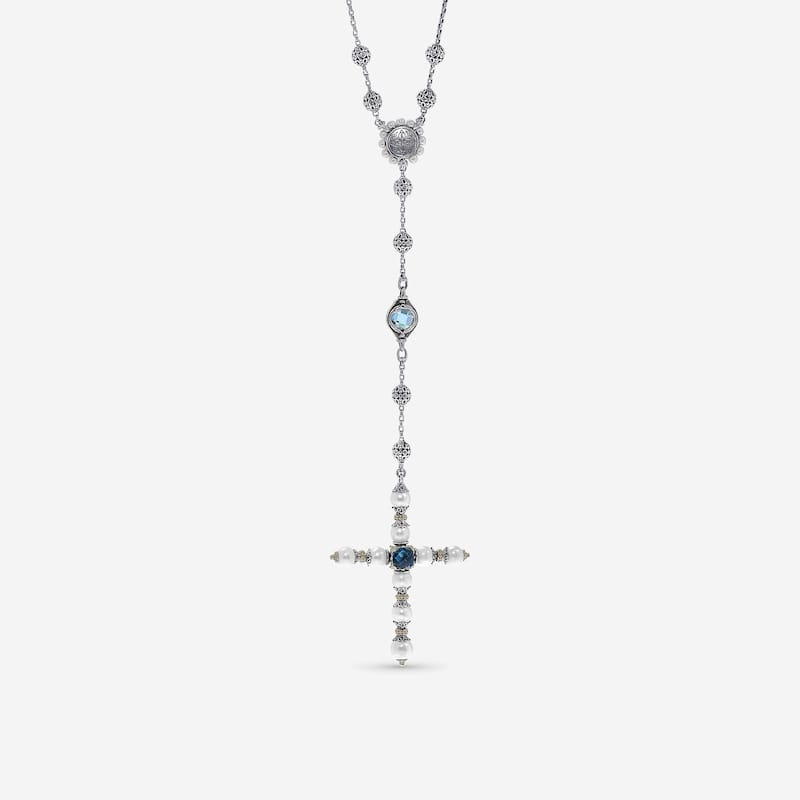 Konstantino Kleos Sterling Silver & 18K Yellow Gold, London Blue Topaz, Pearl & Iolite Lariat Cross Necklace - 28"