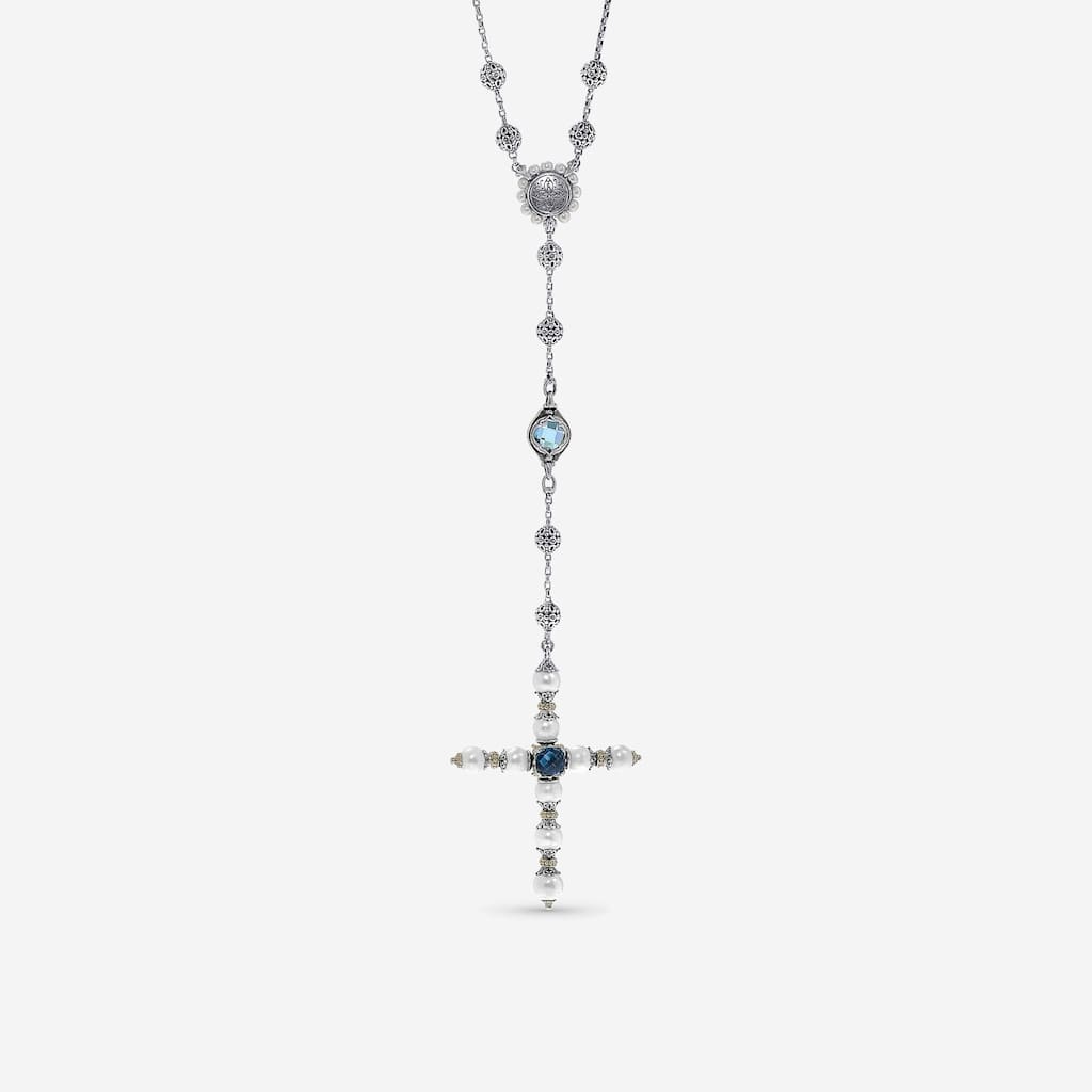 Konstantino Kleos Sterling Silver & 18K Yellow Gold, London Blue Topaz, Pearl & Iolite Lariat Cross Necklace - 28"