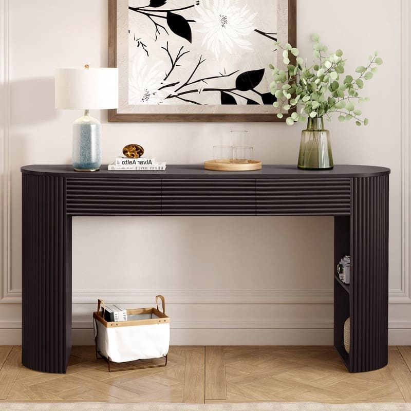 Mid-Century Retro 59.8" Console Table with Drawers and Storage Shelf for Entryway or Living Room