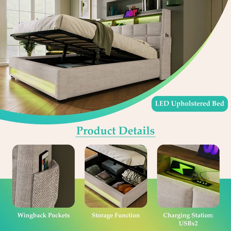 Queen Size Upholstered Bed with Hydraulic Storage, LED, and USB Charging